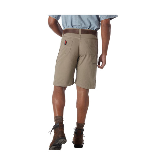 Khaki work shorts shown from the back, with a brown belt and rear cargo pockets