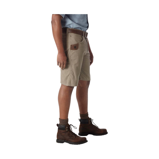 Khaki work shorts with utility pocket, shown with brown work boots