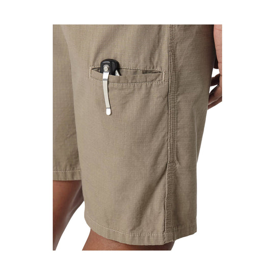 Khaki cargo shorts with a zippered side pocket