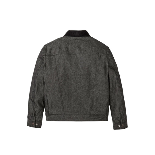 Dark denim jacket shown from the back with a pointed collar, long sleeves, and button cuffs.