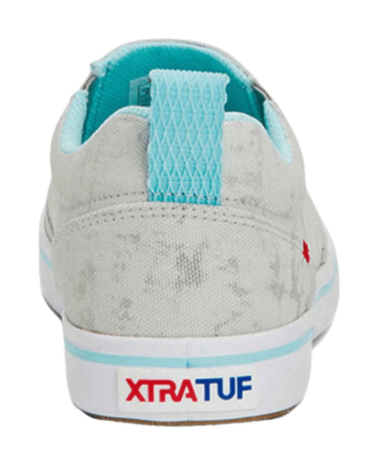 White mesh deck shoe with teal lining and heel pull tab, rear view, with XTRATUF logo on the heel