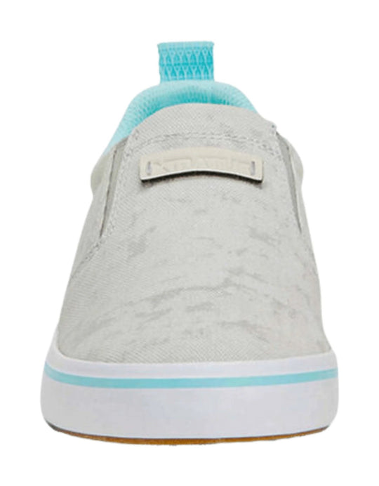 White slip-on deck shoe with a turquoise heel tab and sole stripe, shown from the back