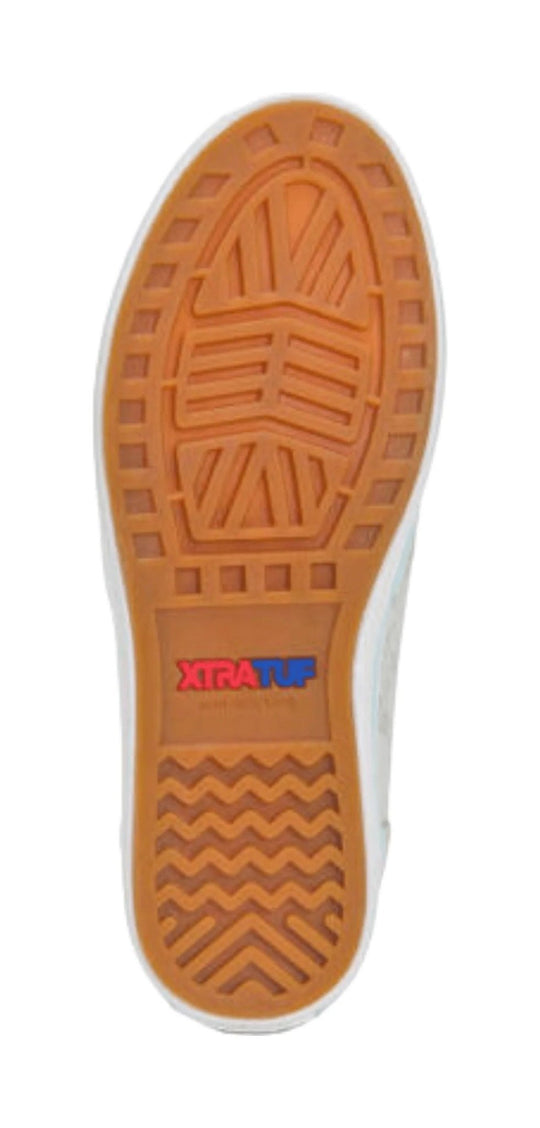 Tan rubber shoe sole with zigzag tread and XTRATUF logo