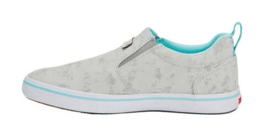 Light gray slip-on deck shoe with turquoise collar trim and white sole