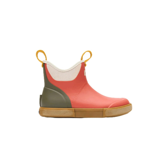 Coral ankle deck boot with gray heel, white collar, and tan sole