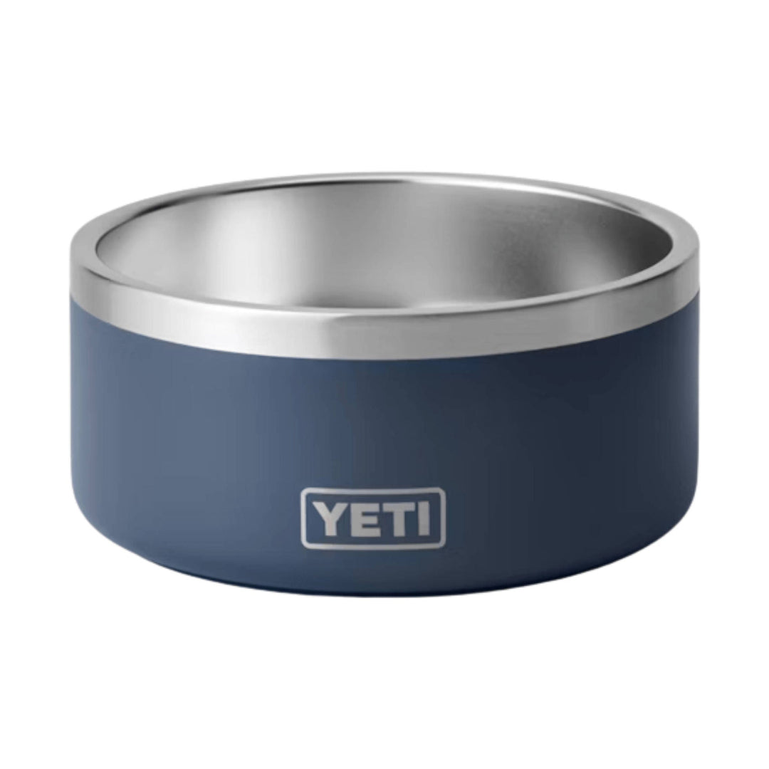 Blue insulated dog bowl with stainless steel interior