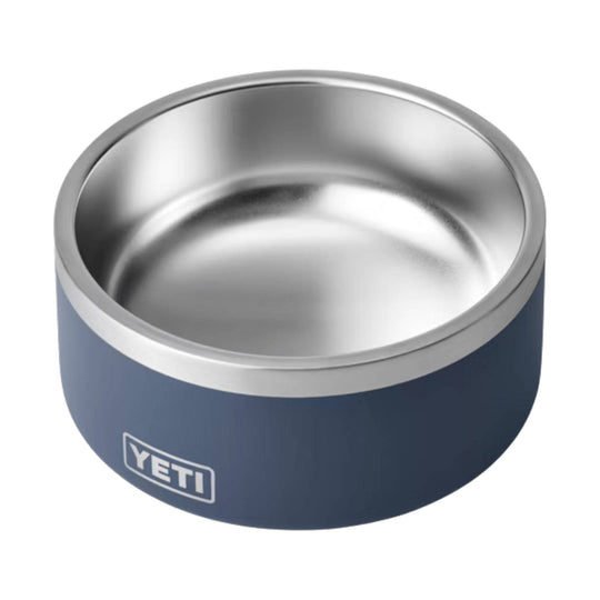 Blue stainless steel pet bowl with a silver interior and YETI logo
