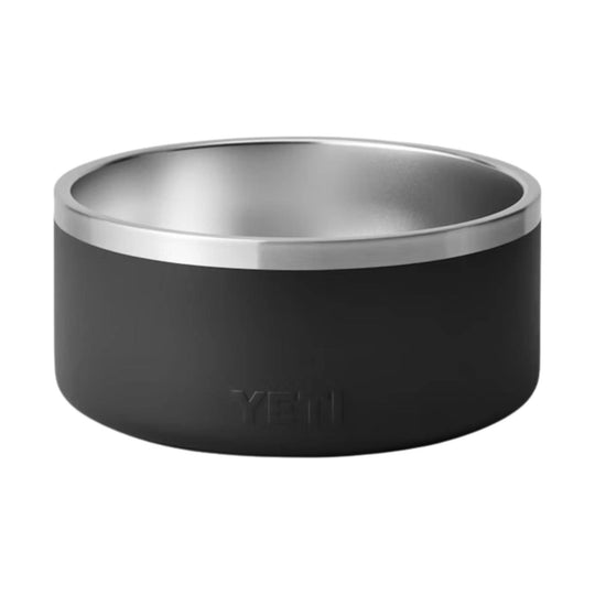 Black round pet bowl with a stainless steel interior rim