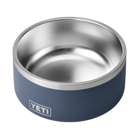 Blue stainless steel pet bowl with a visible YETI logo
