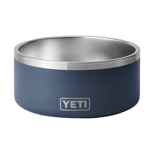 Blue insulated pet bowl with stainless steel interior and YETI logo