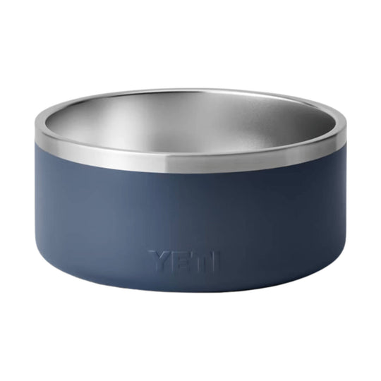 Blue stainless steel dog bowl with a silver rim