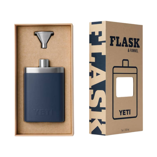 Navy flask and funnel gift set in kraft box with cutout window and printed FLASK & FUNNEL text