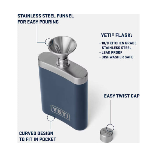 Stainless steel flask with funnel and easy-twist cap, shown with callouts for curved design and leak-proof, dishwasher-safe features