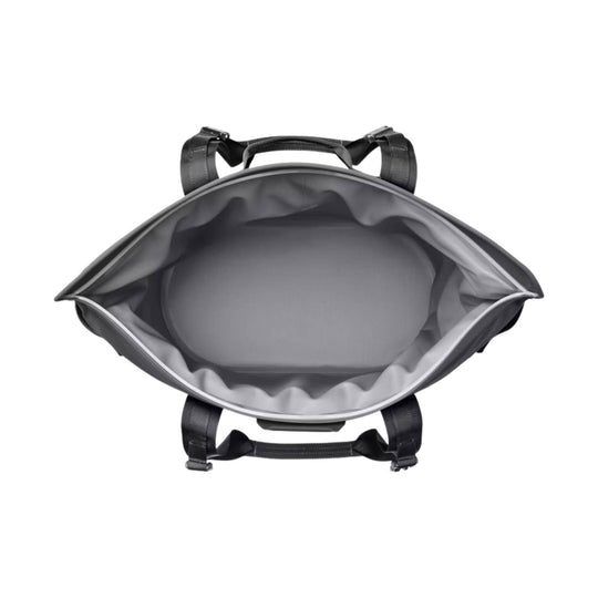 Open gray soft cooler tote with black carry straps, shown from above