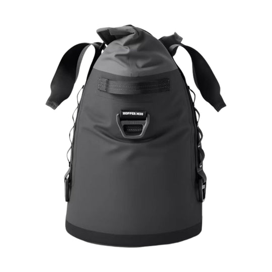 Charcoal soft cooler bag with roll-top closure, side straps, and front handle