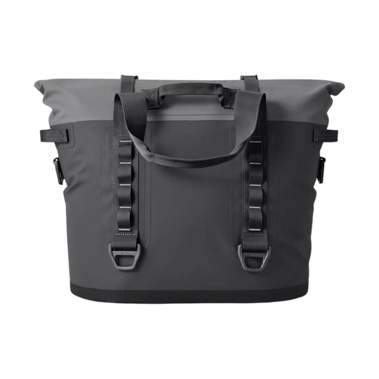 Dark gray soft cooler tote with roll-top closure, front straps, and carry handles