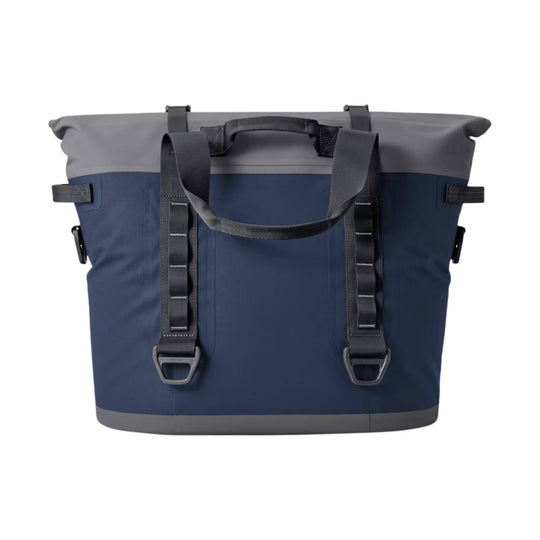 Blue and gray roll-top soft cooler tote with black carry straps and buckles