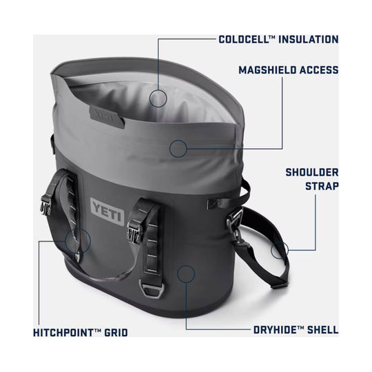 Gray and black soft cooler bag with shoulder straps and feature callouts