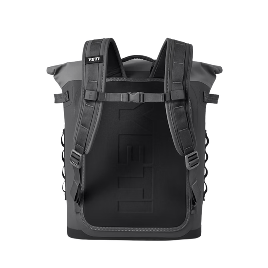 Charcoal roll-top backpack cooler with padded shoulder straps and front cargo pocket
