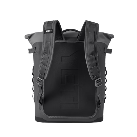 Charcoal gray backpack cooler with padded shoulder straps and a large front opening