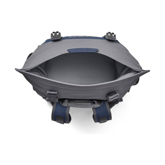 Open gray-and-navy backpack cooler with roll-top opening and buckles