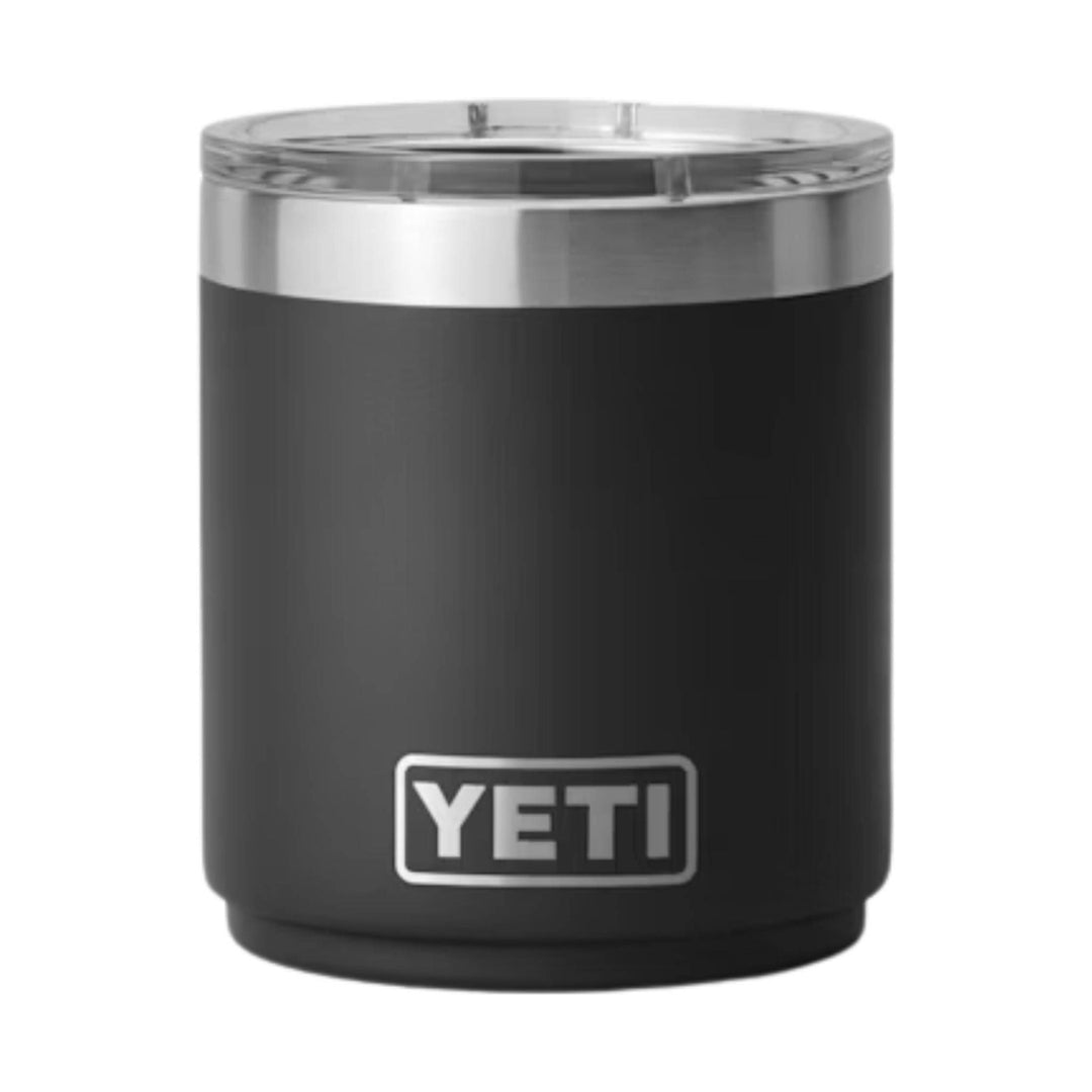 Black stainless steel tumbler with clear lid and YETI logo