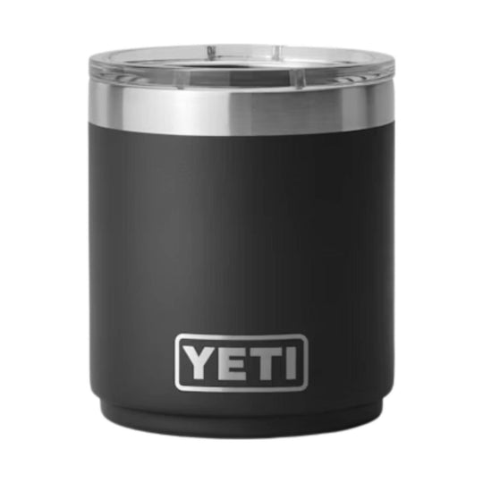 Black stainless steel tumbler with clear lid and YETI logo