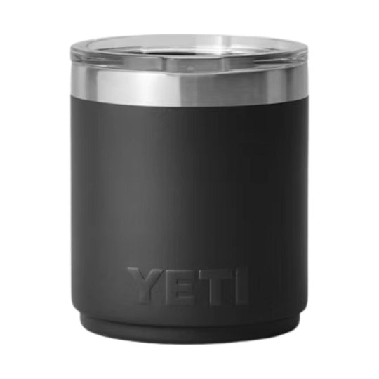 Black insulated tumbler with a clear lid and embossed YETI logo