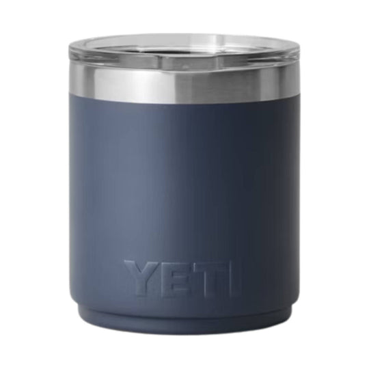Navy insulated tumbler with clear lid and embossed YETI logo