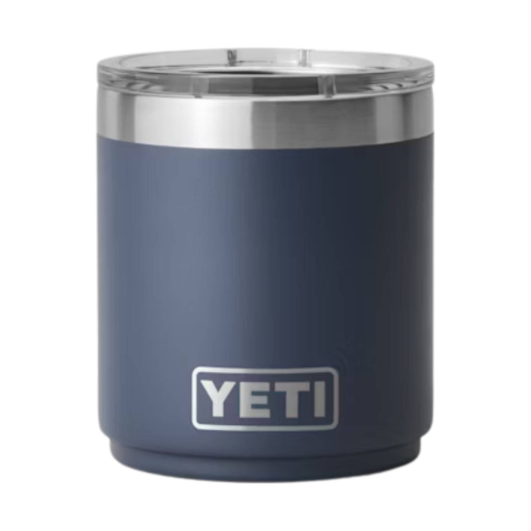 Navy insulated tumbler with a stainless steel rim and YETI logo