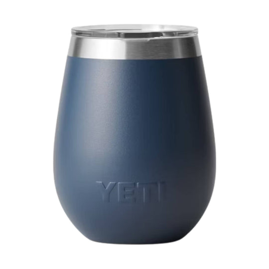 Blue stemless tumbler with a stainless steel rim and embossed YETI logo