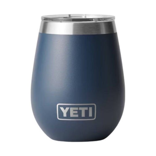 Dark blue insulated tumbler with a white YETI logo