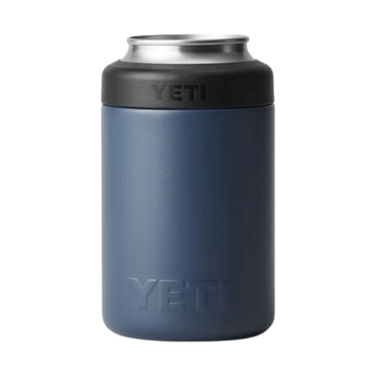 Blue insulated can cooler with black lid and stainless steel top