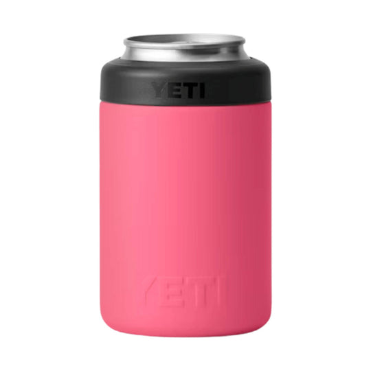 Pink insulated can cooler with a black top band and silver lid