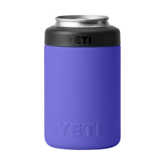 Purple insulated can cooler with a black top and silver rim, embossed YETI branding