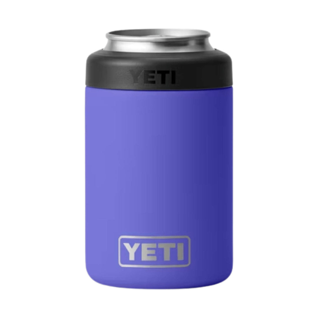 Purple insulated can cooler with a black top and silver rim, featuring YETI branding