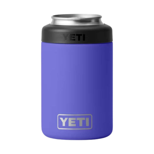 Purple insulated can cooler with a black top and silver rim, featuring YETI branding