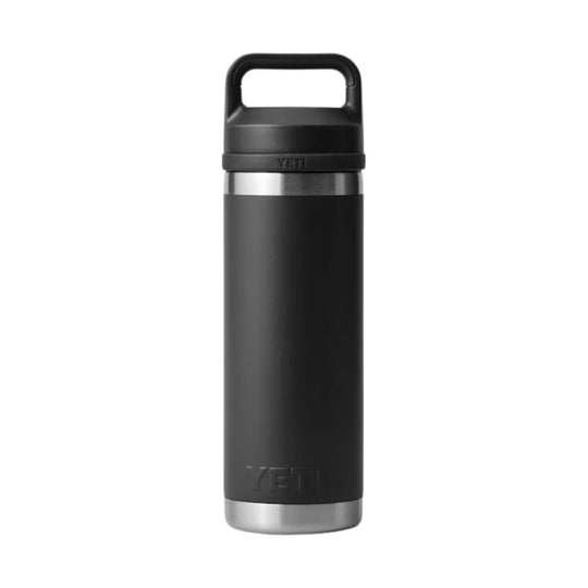 Black insulated water bottle with handle lid and stainless steel base