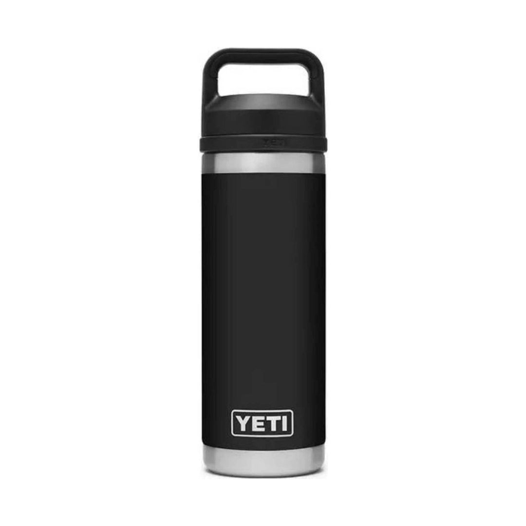 Black insulated water bottle with a stainless steel base and a loop handle on the lid