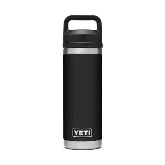 Black insulated water bottle with a stainless steel base and a loop handle on the lid