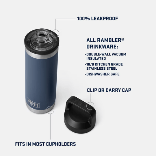 Blue insulated water bottle with black chug cap and detachable carry cap, shown with callouts for leakproof design and cupholder fit.