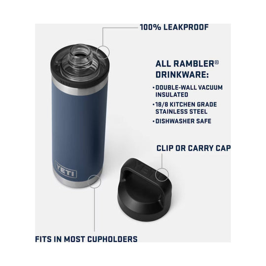 Blue insulated bottle with black chug cap and separate carry cap, labeled 100% leakproof and fits in most cupholders.
