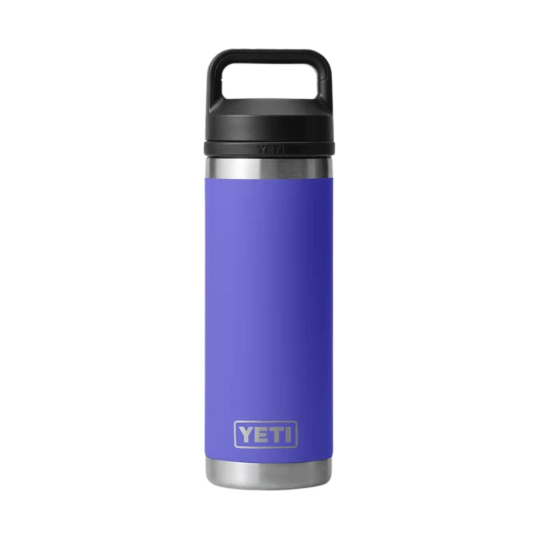 Purple insulated water bottle with black handle cap and silver base, shown front view