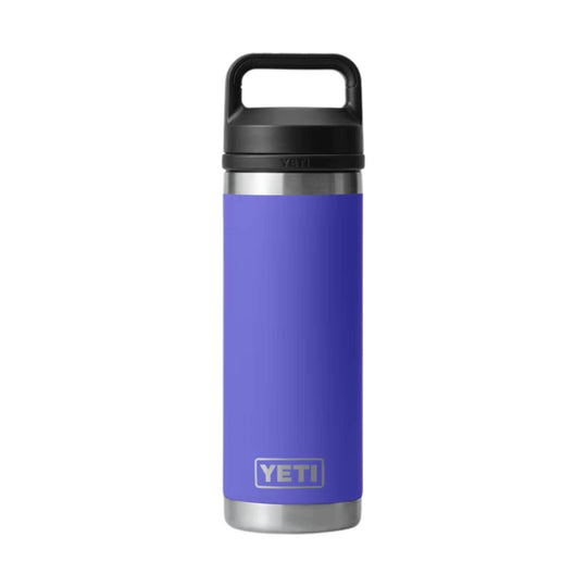 Purple insulated water bottle with black handle cap and silver base, shown front view