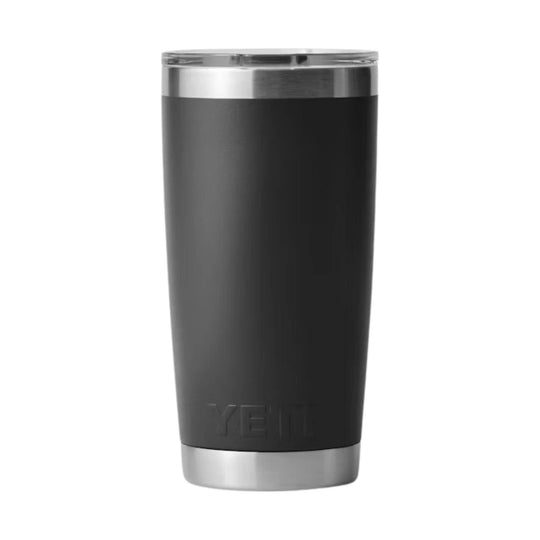 Black insulated tumbler with stainless steel rim and base