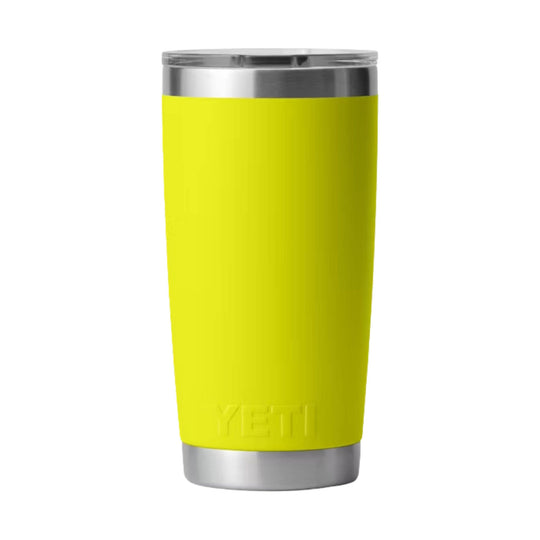 Yellow insulated tumbler with stainless steel rim and base