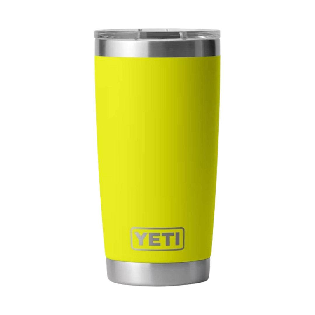 Yellow insulated tumbler with stainless steel rim and base, and a YETI logo near the bottom