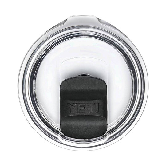 Clear lidded tumbler with a black sliding lid labeled YETI