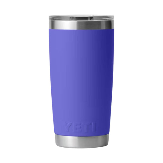 Purple insulated tumbler with stainless steel top and base, embossed YETI logo