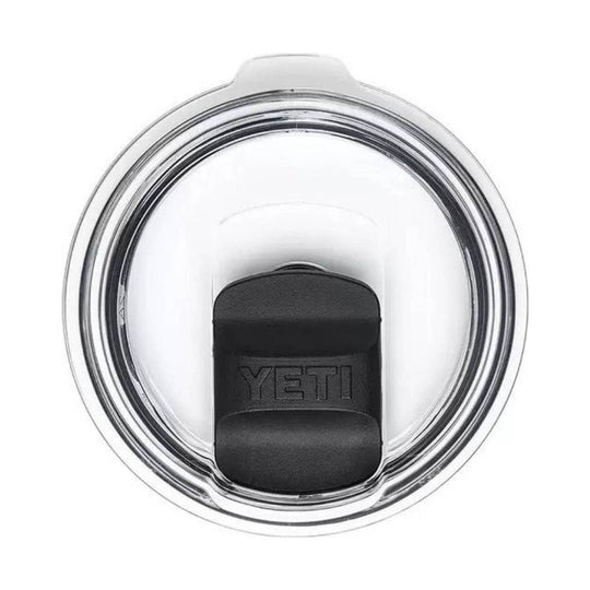 Clear lidded tumbler with a black sliding tab marked YETI